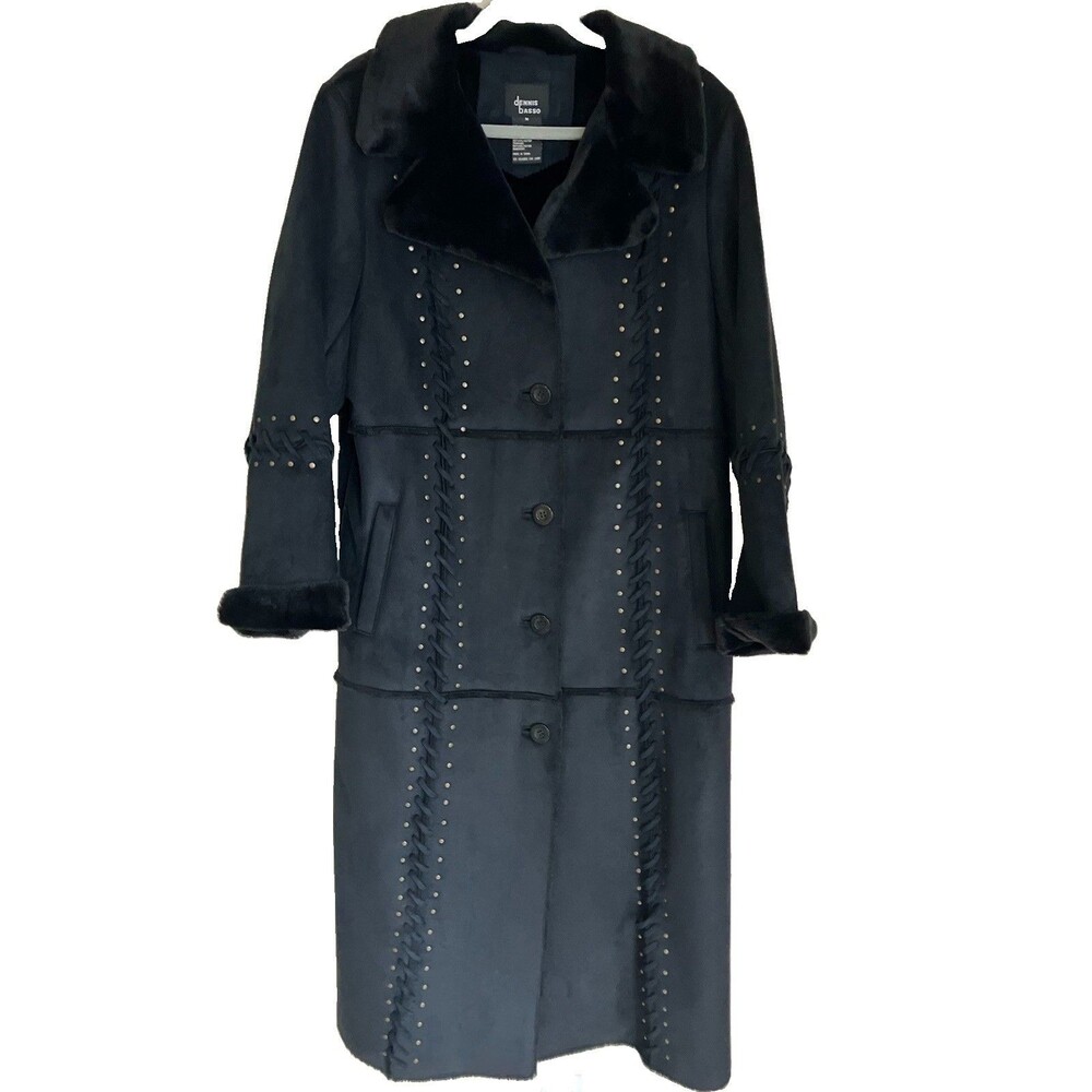 Dennis Basso Coat Black Studded Faux Fur Lined Boho Hippie Coat Medium